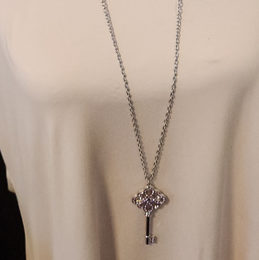 Silver Necklace W Pink Rhinestones, Ring And Upgraded Earrings